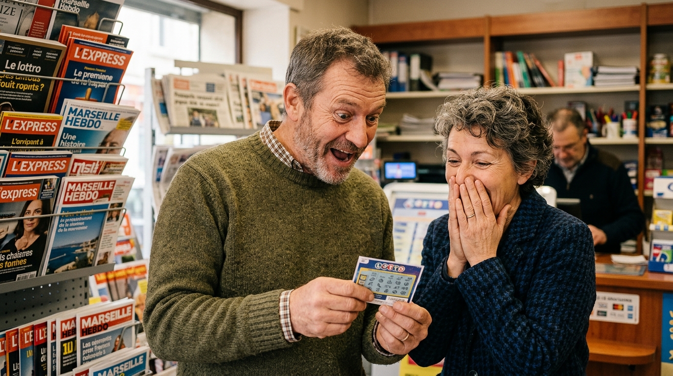 Couple souriant tenant un ticket de grattage gagnant