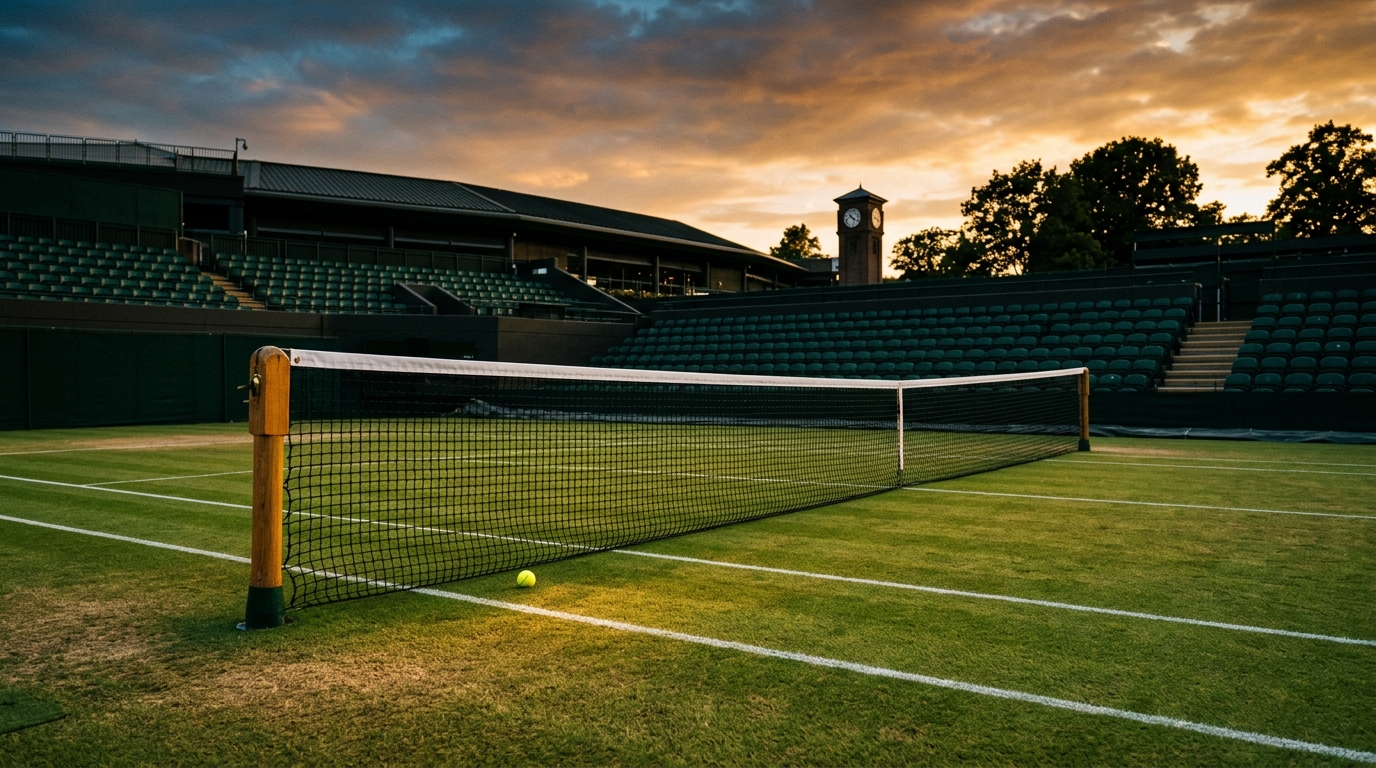 Court de tennis en gazon vide au coucher du soleil