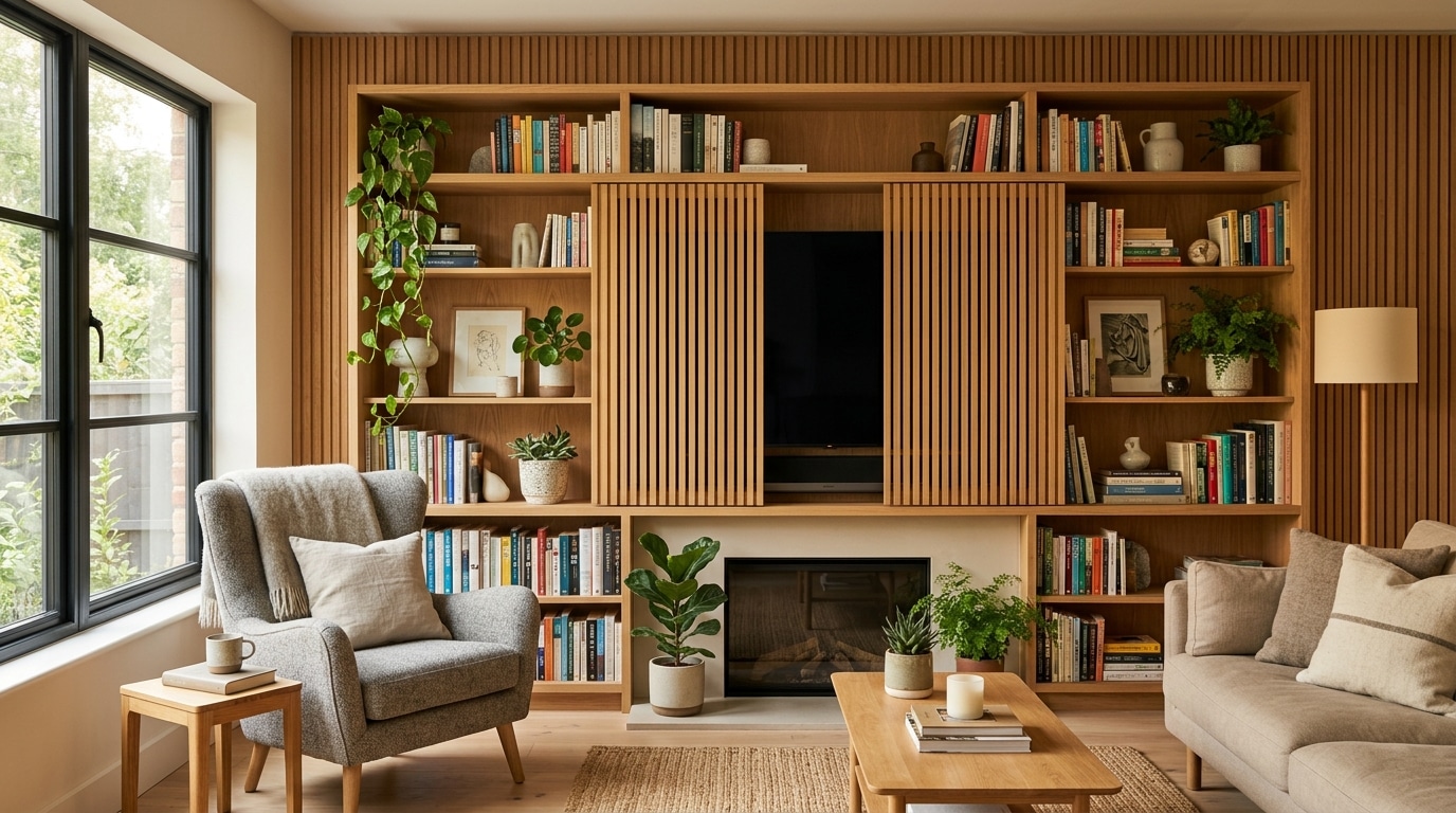 Télévision intégrée dans un meuble bibliothèque en bois