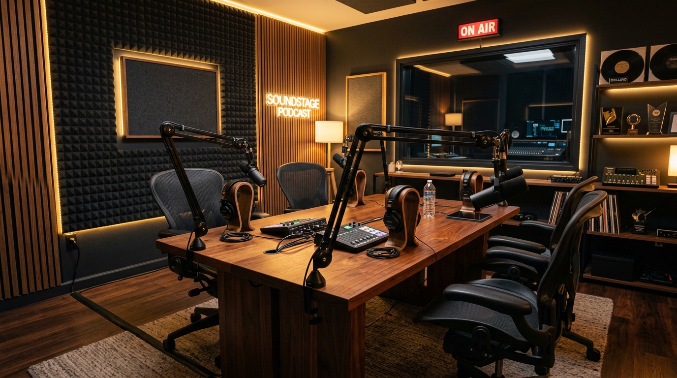 Studio de podcast moderne avec micro et casque, ambiance chaleureuse
