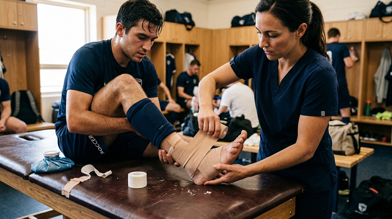 Bandage médical appliqué sur une cheville de sportif