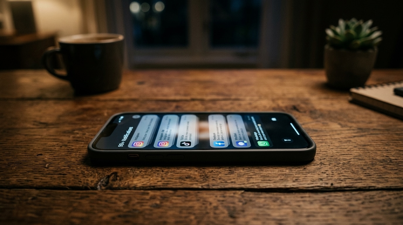 Smartphone allumé avec notifications sur table en bois la nuit