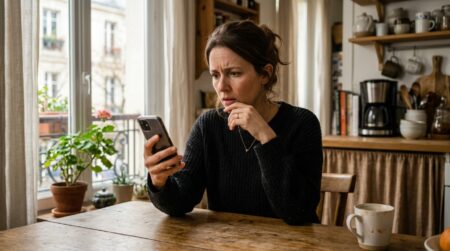 Femme inquiète consultant son compte bancaire sur smartphone