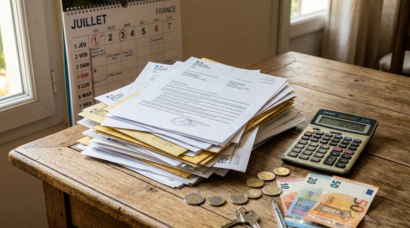 Courriers administratifs et calculatrice sur table familiale