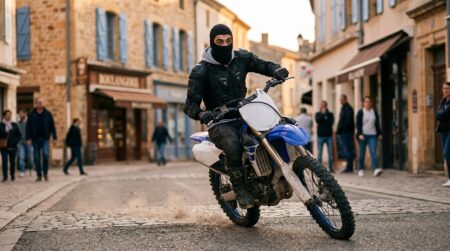 Motard cagoulé sur motocross fonçant dans une rue piétonne