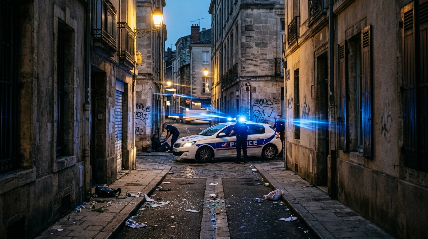 Voiture de police aux gyrophares dans une allée urbaine