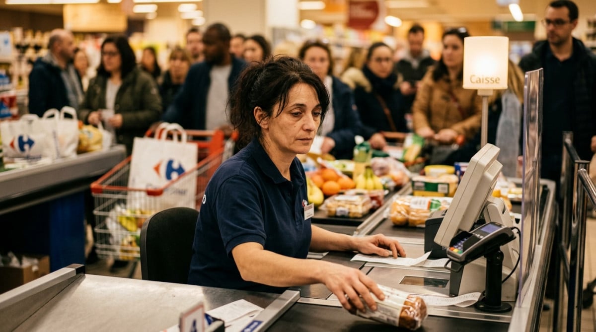 Caissière fatiguée derrière une caisse de supermarché en France