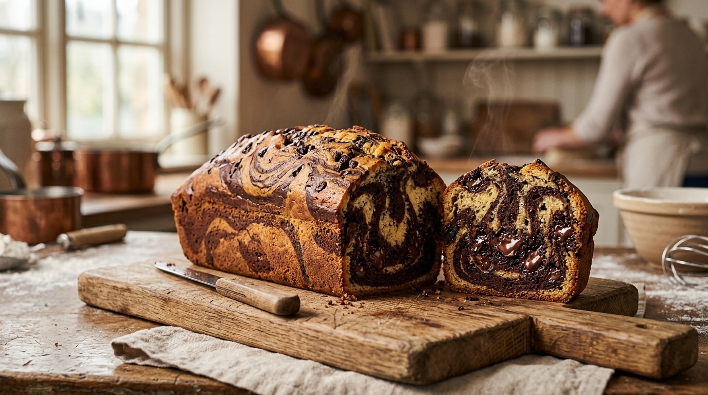 Cake marbré au chocolat coupé sur planche en bois