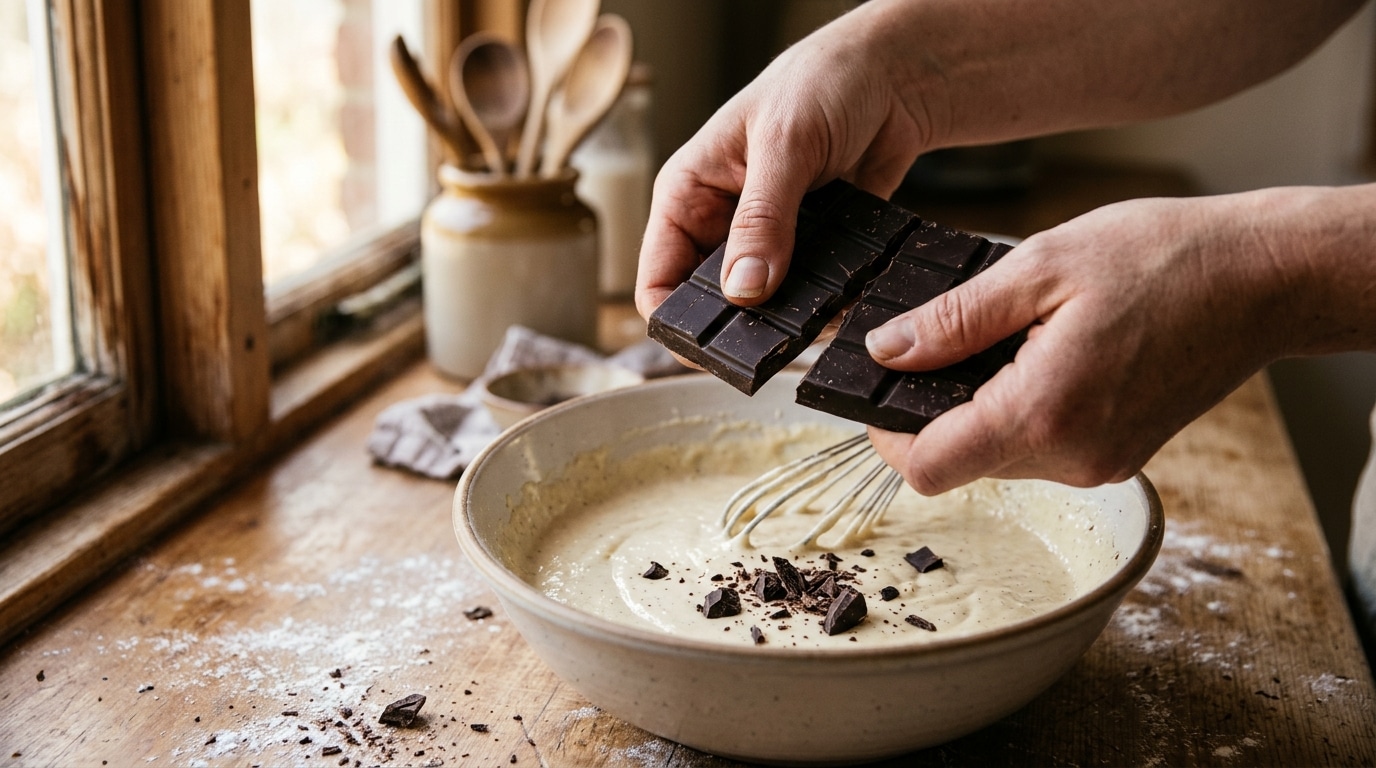 Mains cassant une tablette de chocolat sur pâte à gâteau
