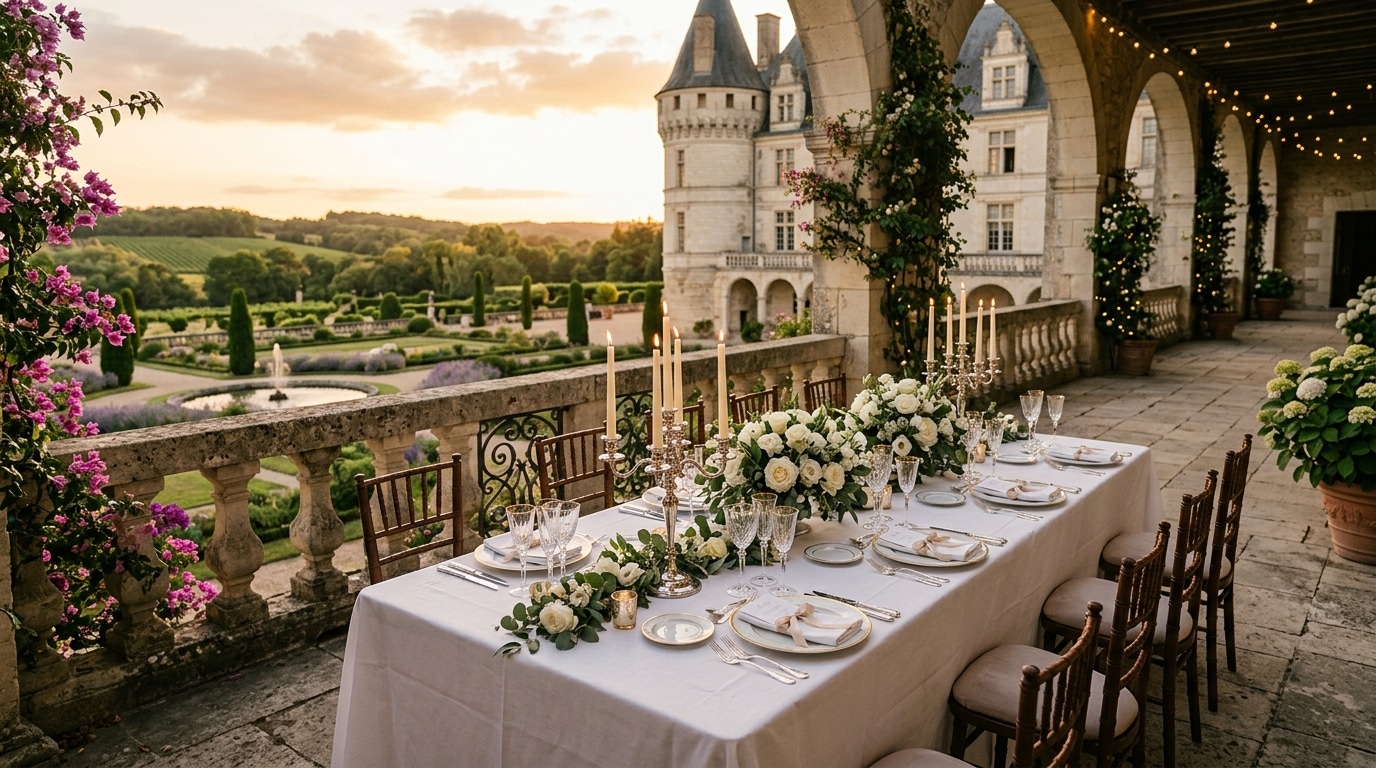 Table de réception raffinée dressée sur la terrasse d'un château au coucher du soleil, avec roses blanches et art de la table élégant