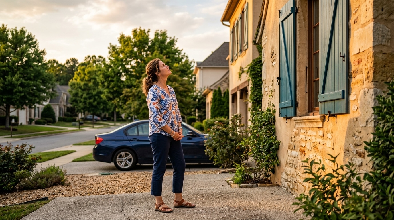 Femme regardant des volets fermés en plein jour