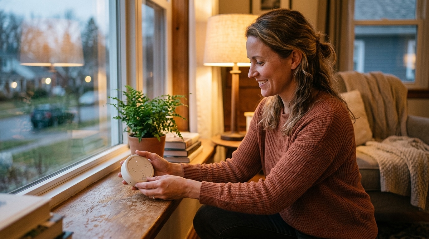 Femme installant une minuterie lumineuse connectée