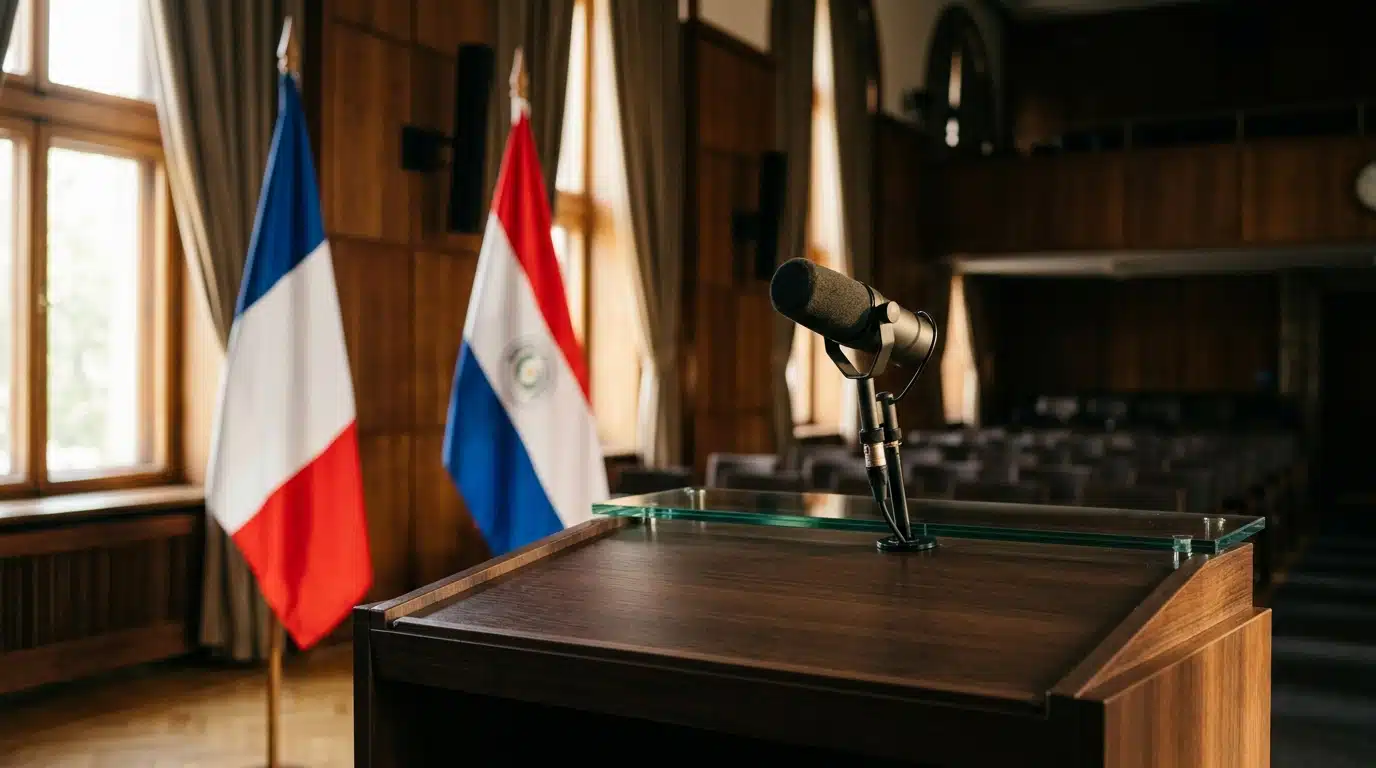 Podium officiel avec drapeaux français et paraguayen