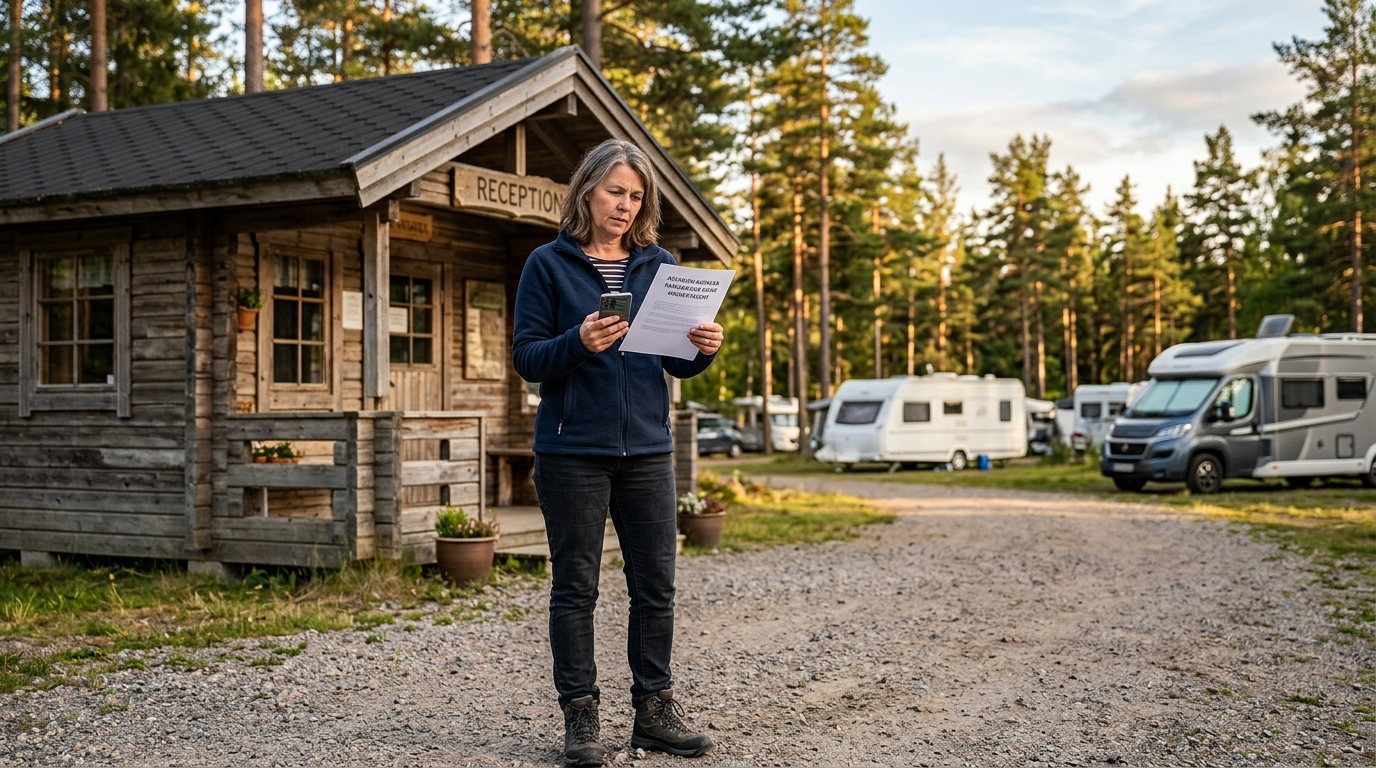 Vacancière avec document d'évacuation devant un camping