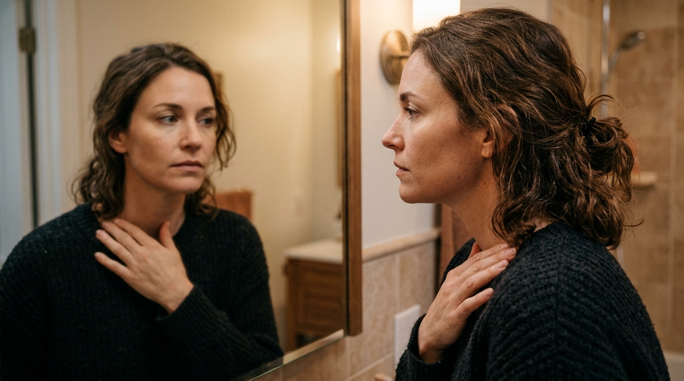 Femme s'examinant devant un miroir de salle de bain