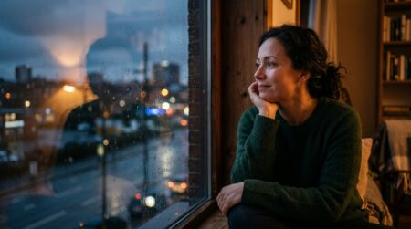 Personne pensive face à une fenêtre au crépuscule