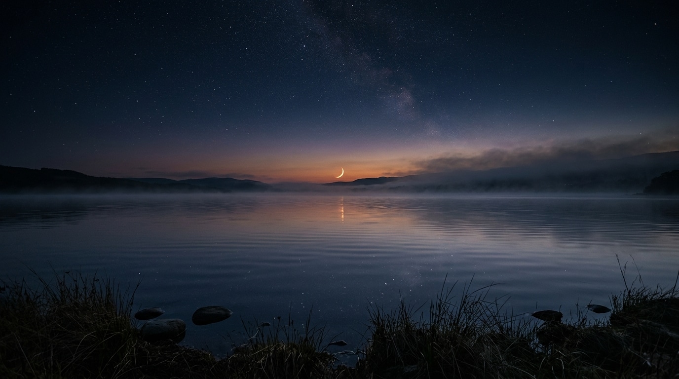 Nouvelle lune se reflétant sur une eau calme