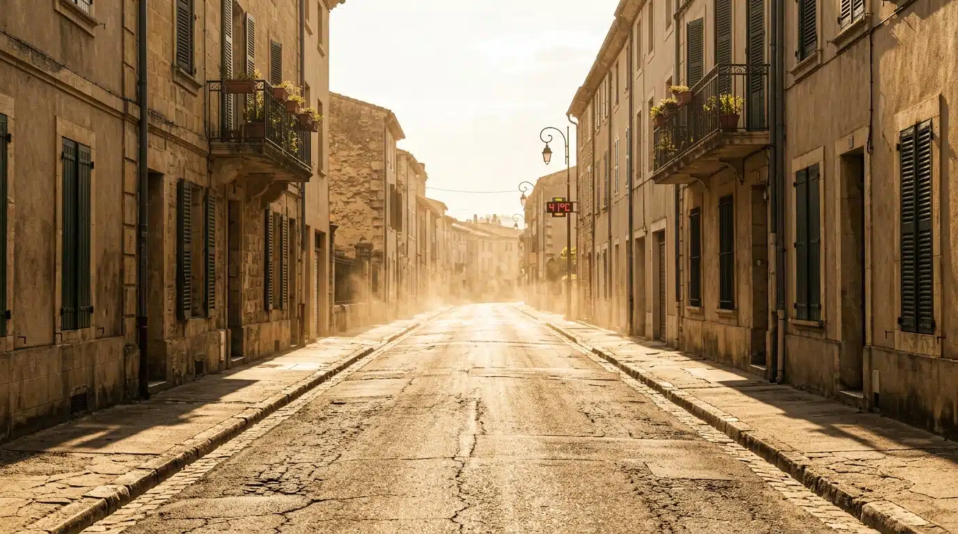 Rue française déserte sous une chaleur écrasante estivale