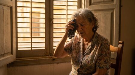 Personne âgée essuyant la sueur près de volets fermés