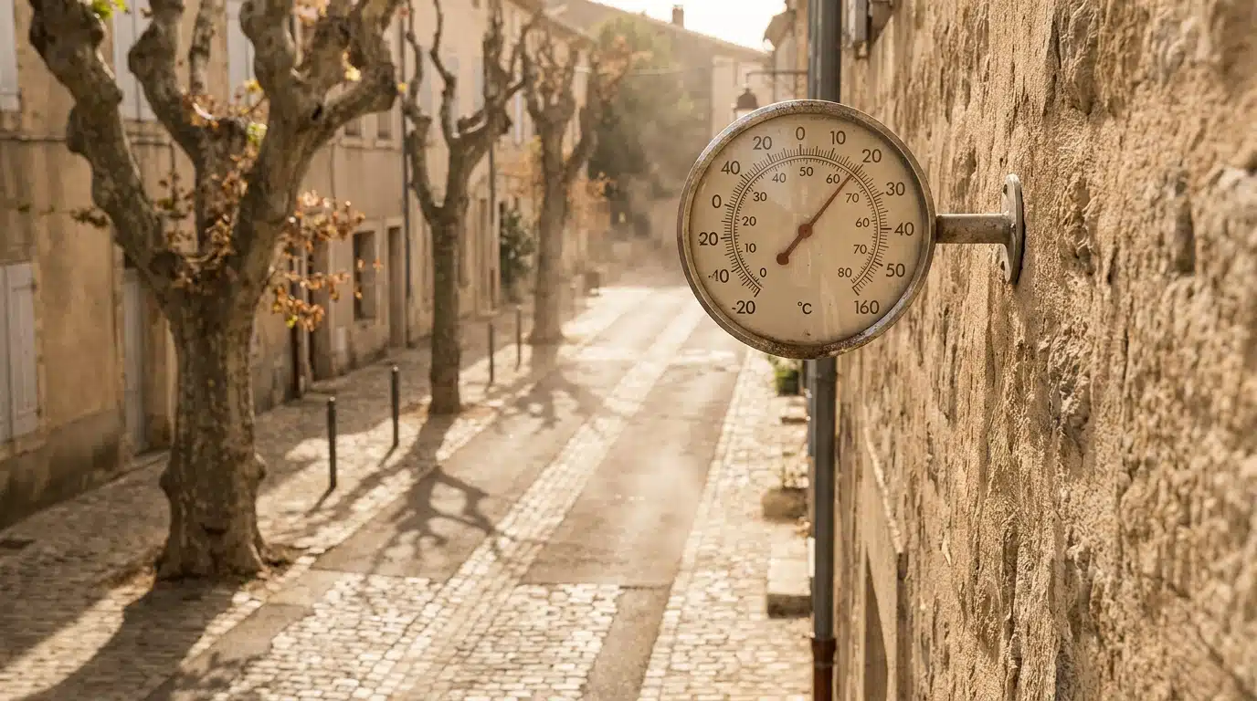 Thermomètre mural affichant plus de 40 degrés en rue déserte