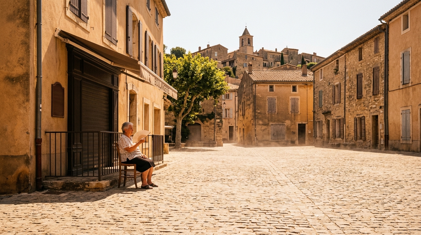 Place de village française déserte sous une chaleur écrasante