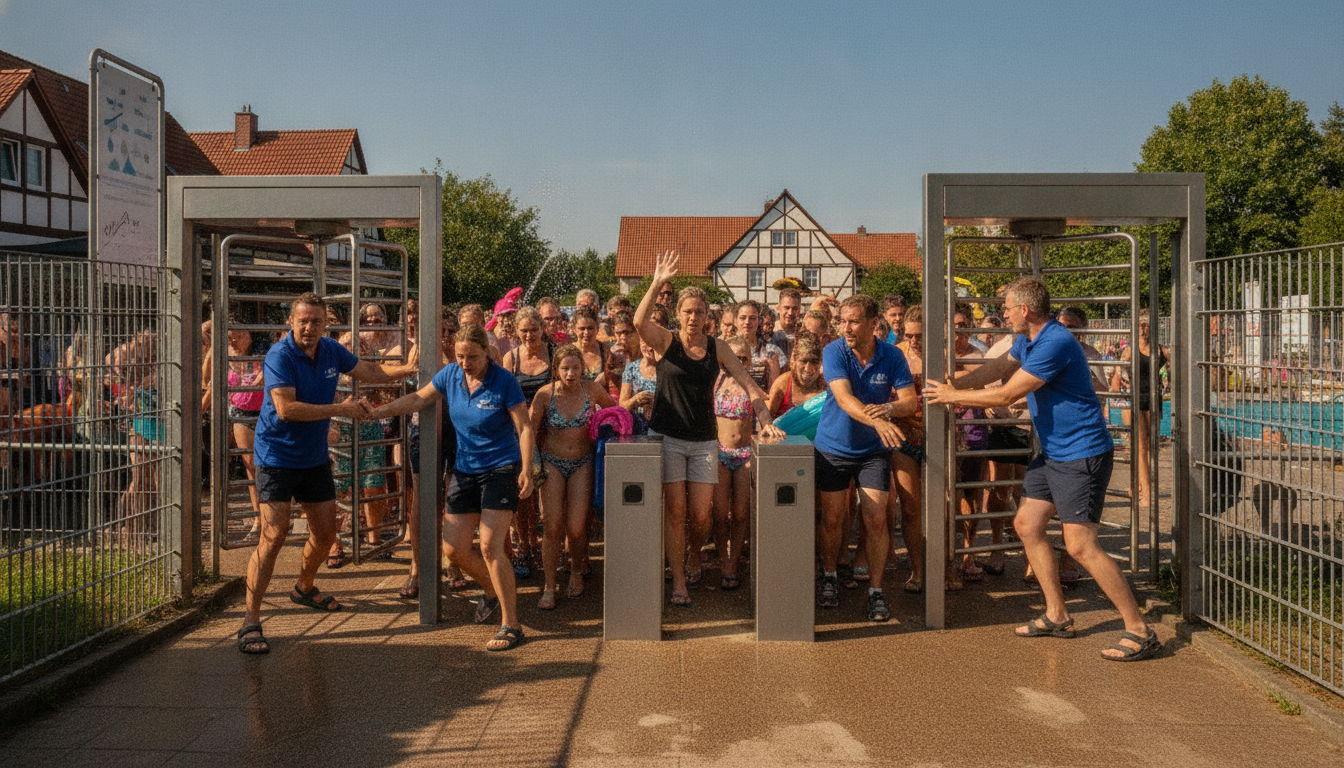 Foule forçant l'entrée d'une piscine publique allemande