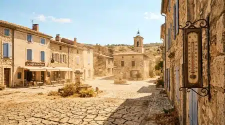 Village français écrasé par une chaleur intense estivale