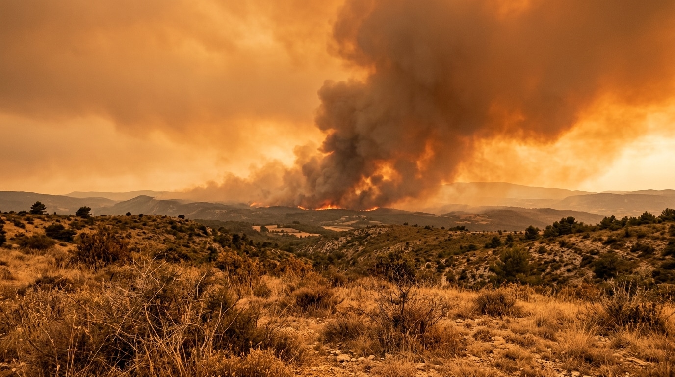 Fumée d'incendie s'élevant sur des collines asséchées