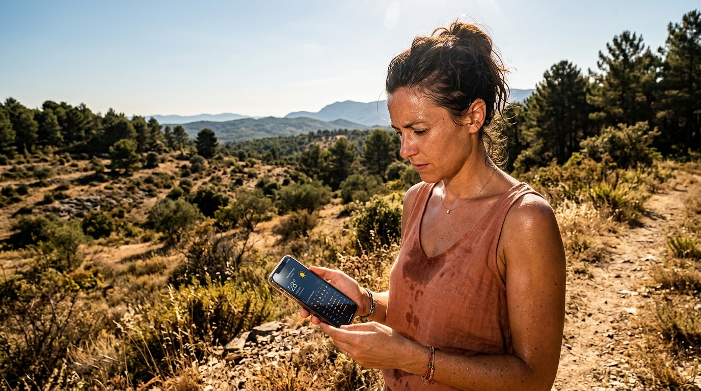 Femme consultant la météo pendant la canicule dans le Sud