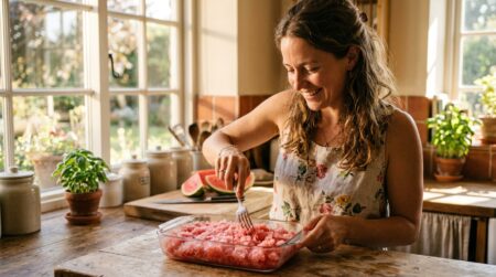 Femme grattant un granité maison à la fourchette