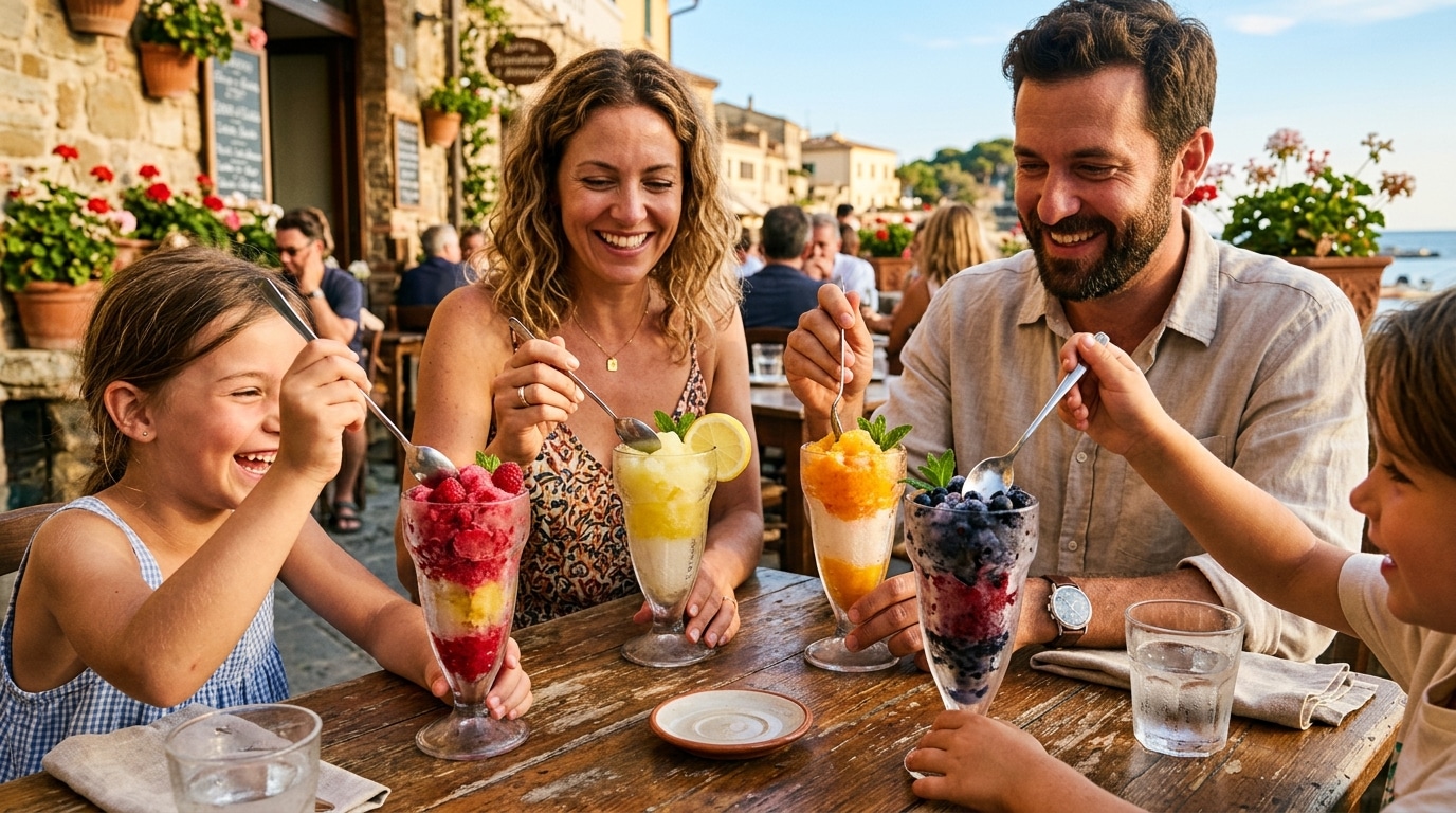 Famille dégustant des granités glacés en terrasse l'été