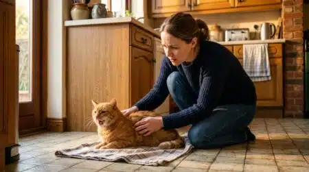 Femme inquiète vérifie son chat qui halète pendant la canicule