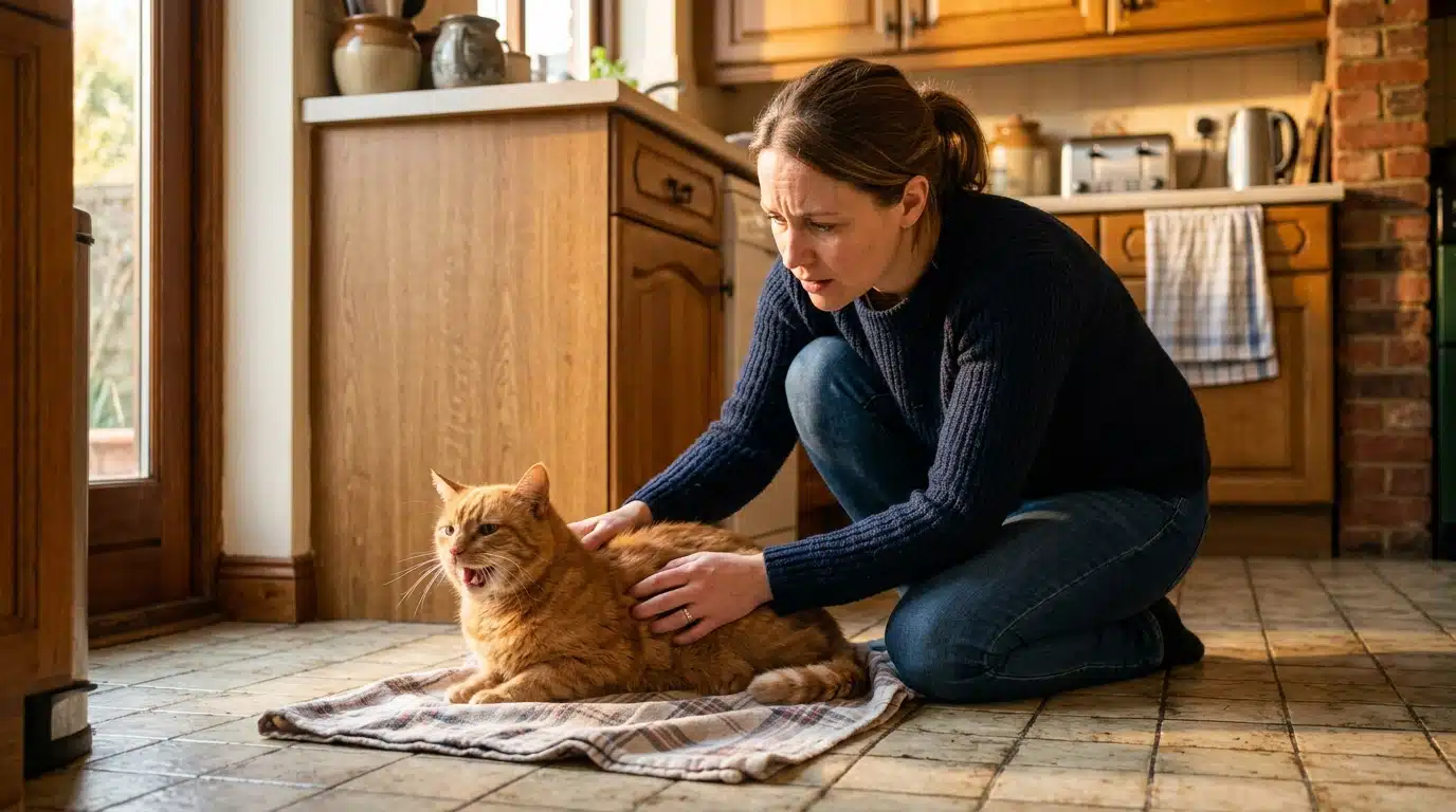 Femme inquiète vérifie son chat qui halète pendant la canicule
