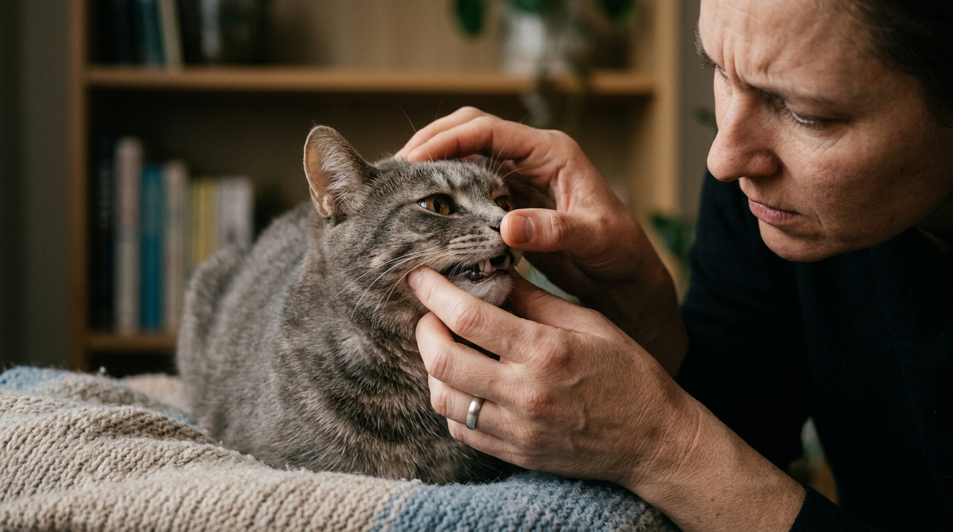 Vérification des gencives d'un chat pour repérer un coup de chaleur