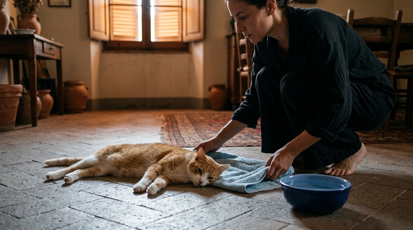 Chat léthargique allongé sur le carrelage frais pendant la canicule