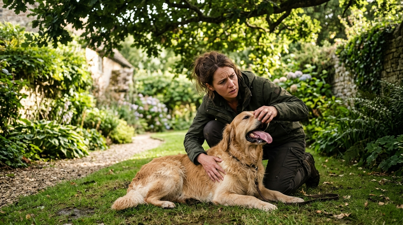 Femme inquiète vérifie l'état de son chien pendant la canicule