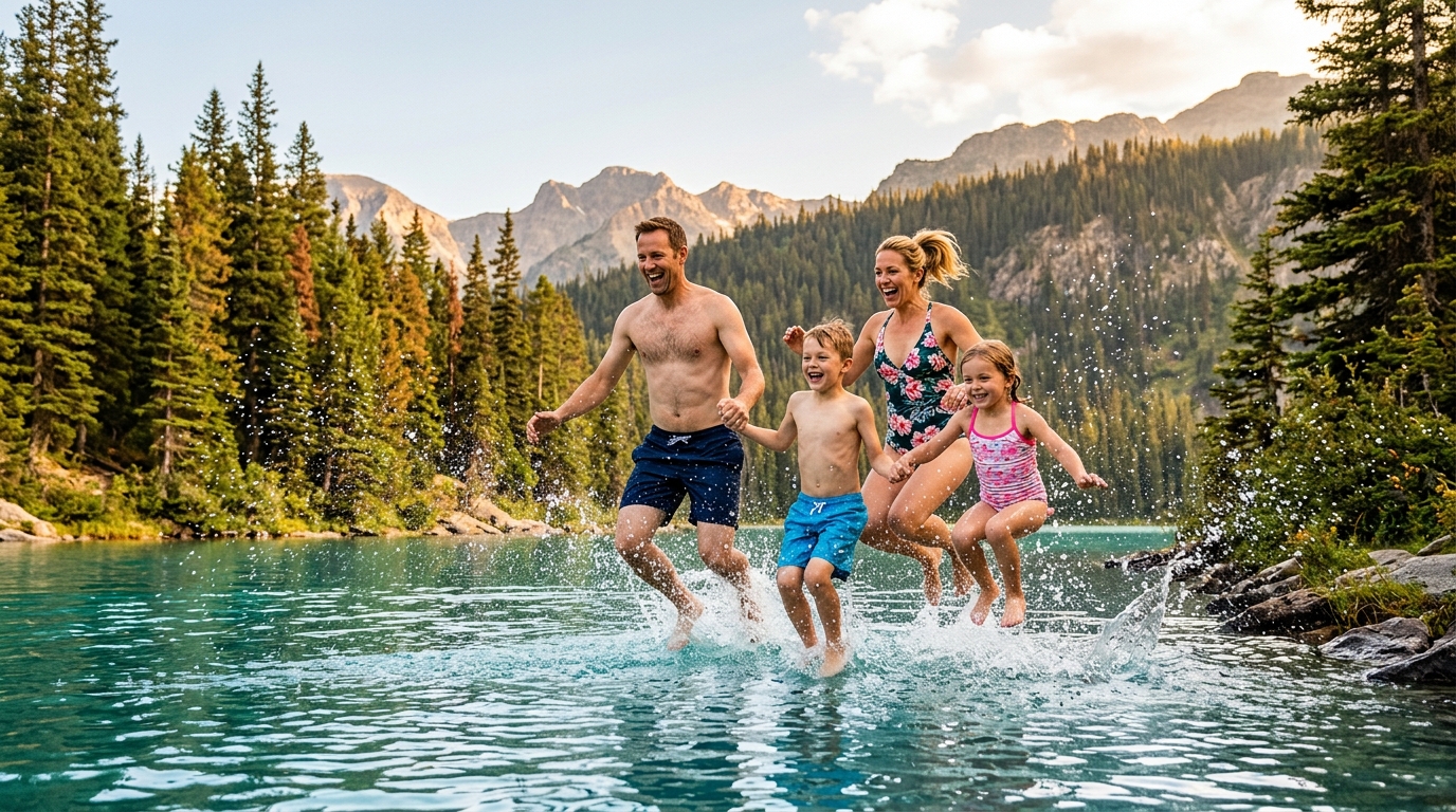 Famille se baignant dans le lac d'Aiguebelette en Savoie