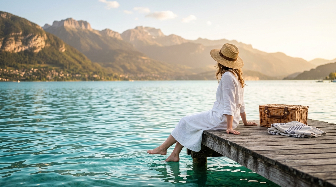 Femme se rafraîchissant les pieds au bord du lac