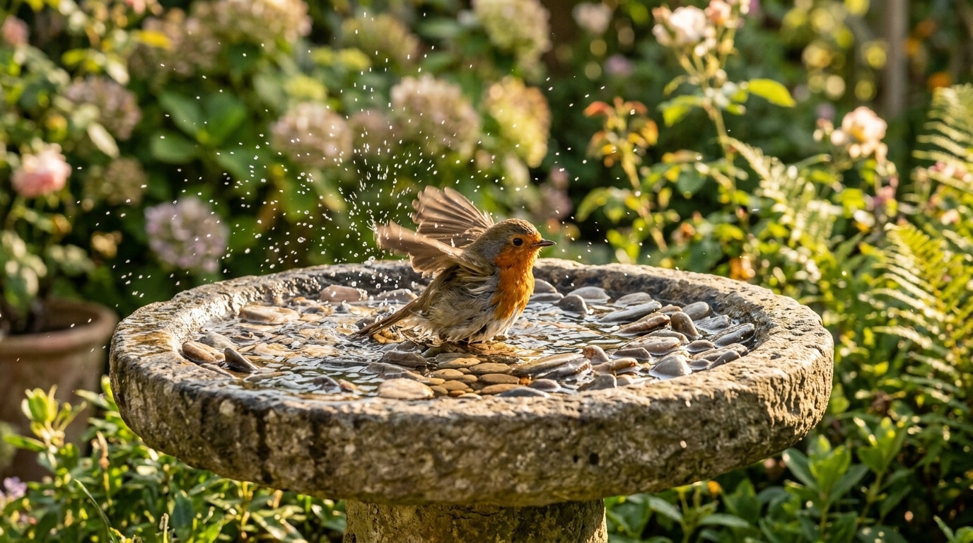Rouge-gorge se baigne dans une eau peu profonde avec galets
