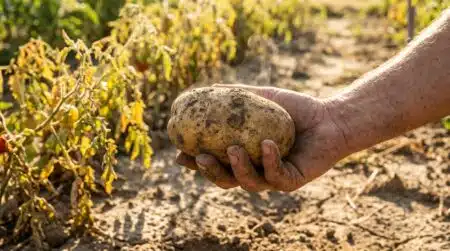 Main de jardinier tenant une pomme de terre déterrée en plein soleil