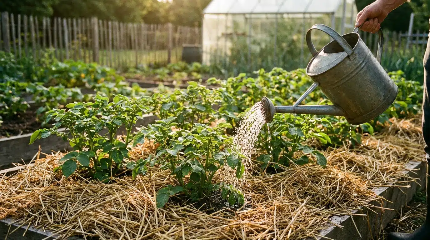 Potager paillé avec arrosage au pied des plants le soir