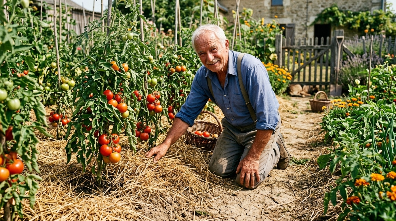Jardinier paillant des pieds de tomates en canicule