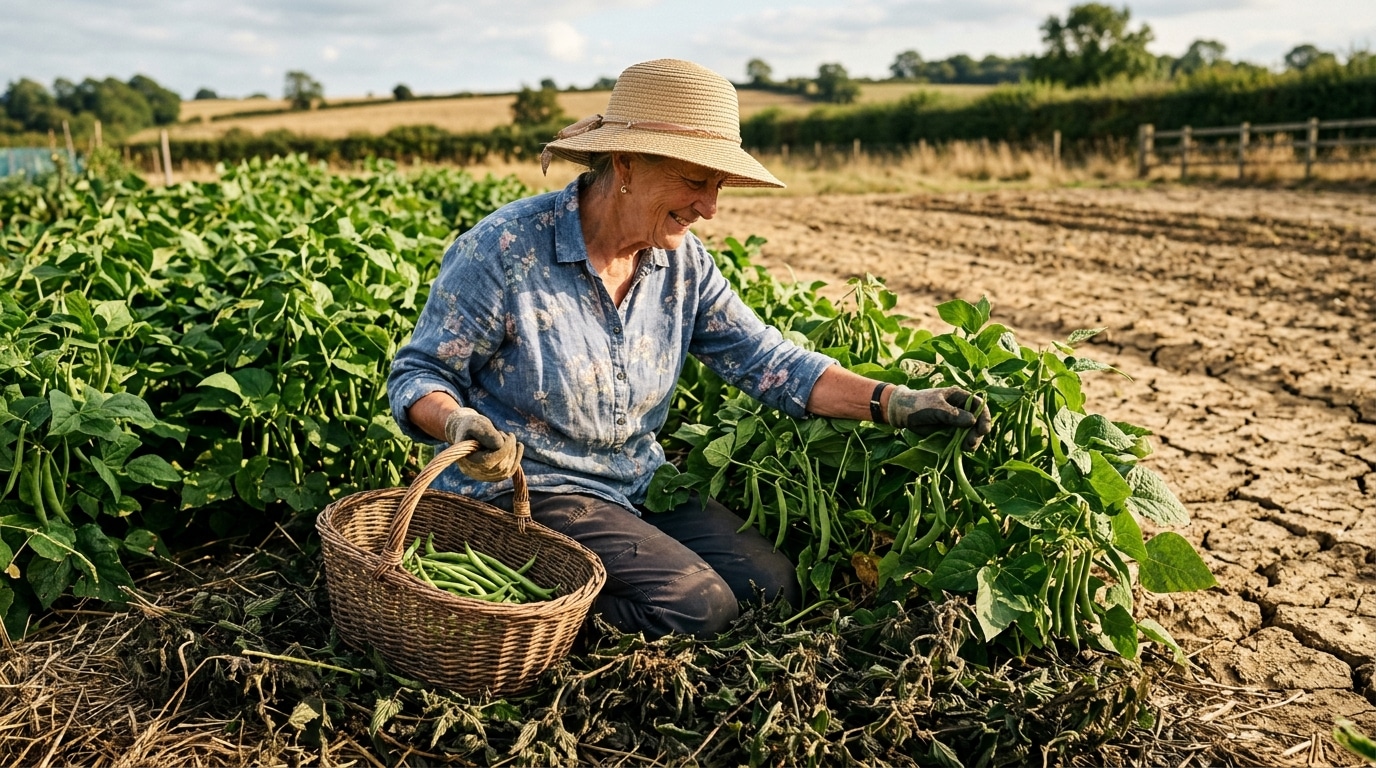 Récolte de haricots avec paillage naturel d'orties