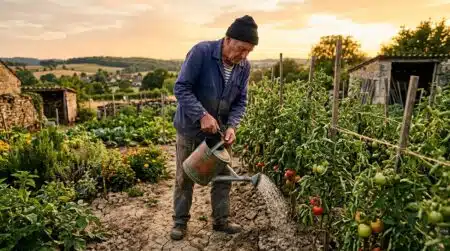Arrosage du soir sur des plants de tomates au coucher du soleil
