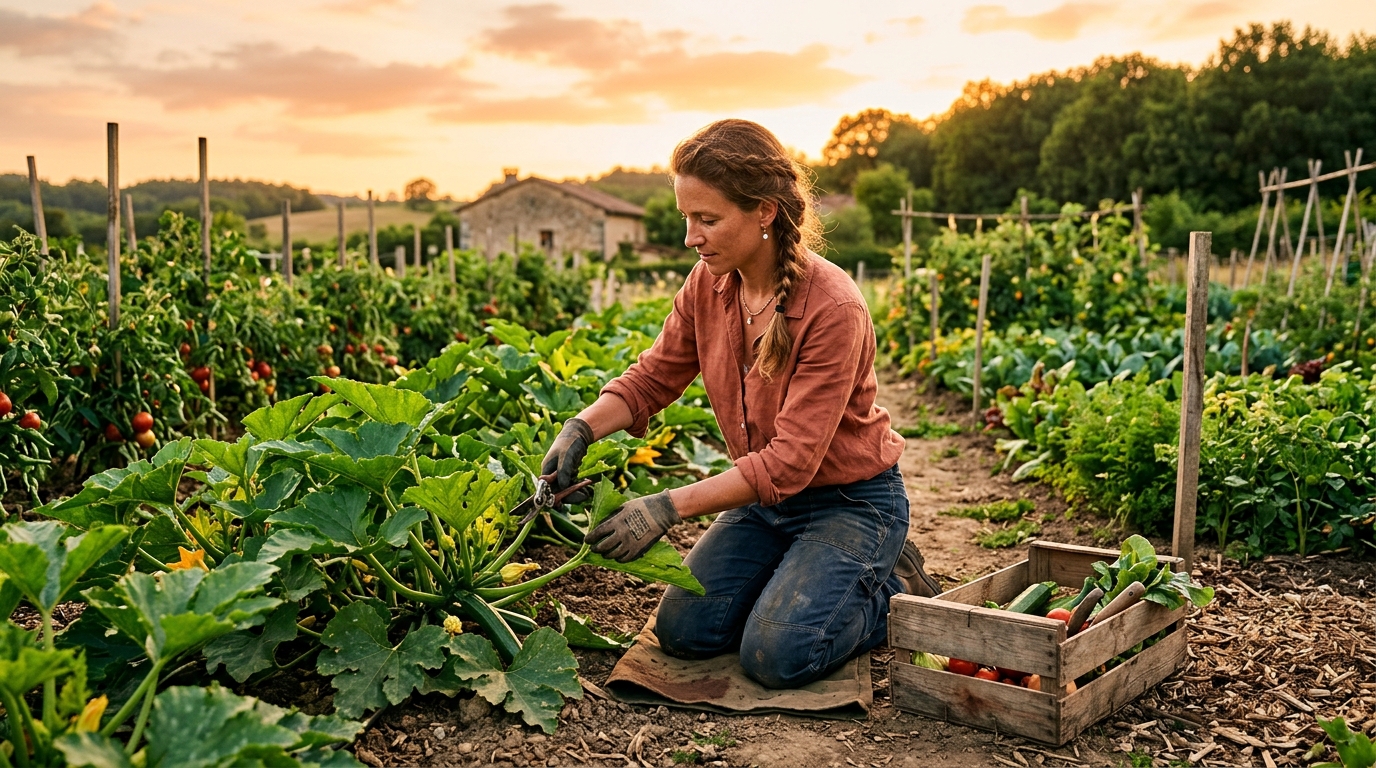 Taille des feuilles de courgettes le soir au potager