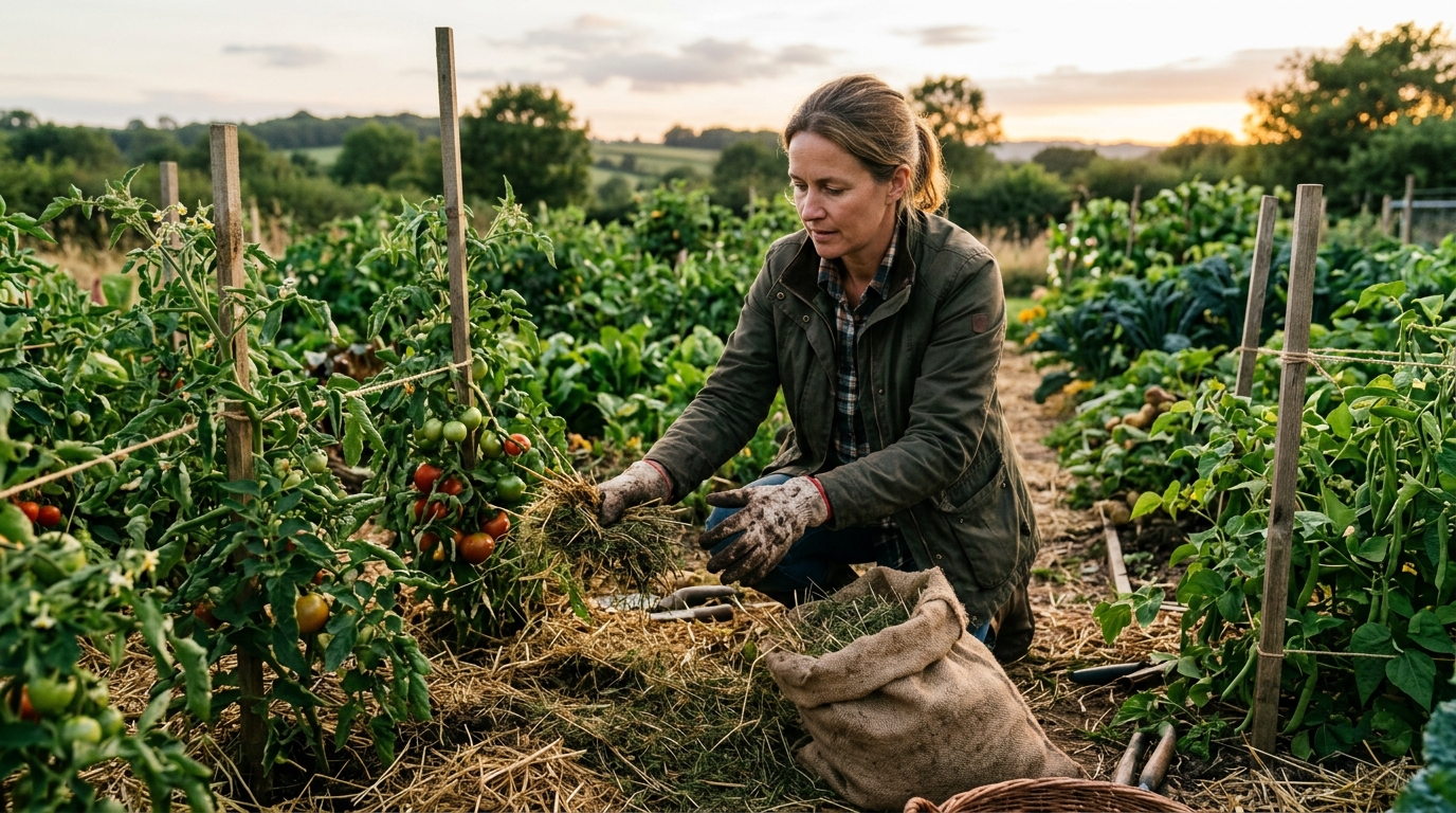Paillage étalé au pied des légumes en fin de journée