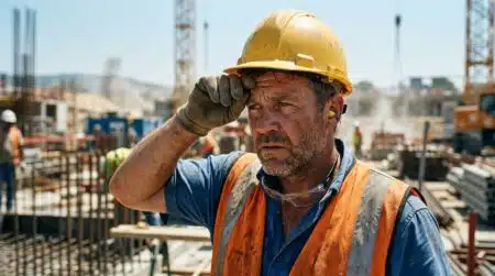 Ouvrier du bâtiment en sueur sur chantier en plein soleil