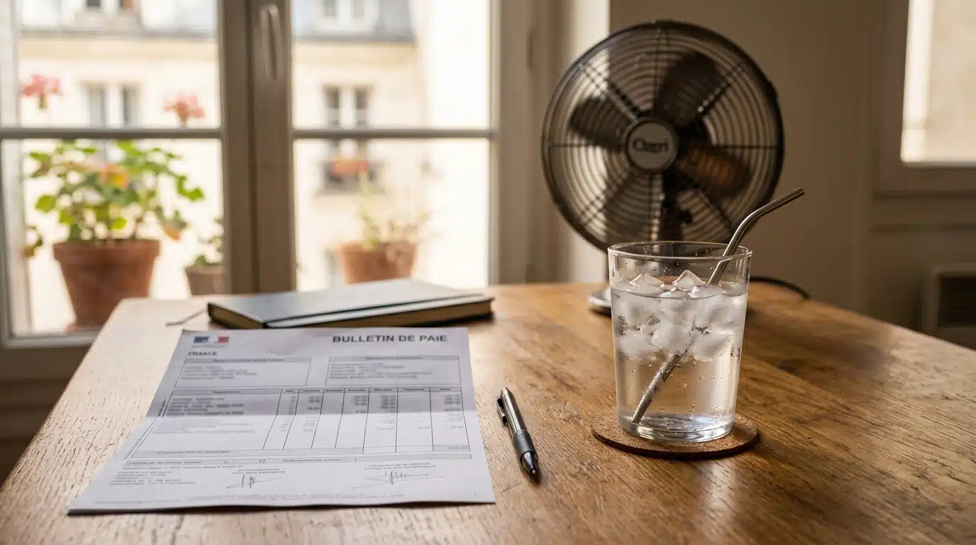 Ventilateur de bureau et verre d'eau fraîche sur bureau