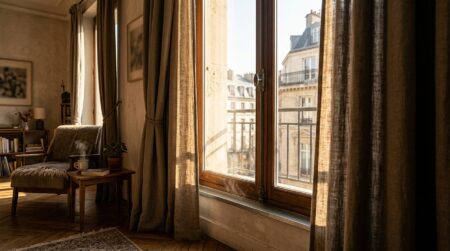 Rideau thermique tiré devant une fenêtre ensoleillée