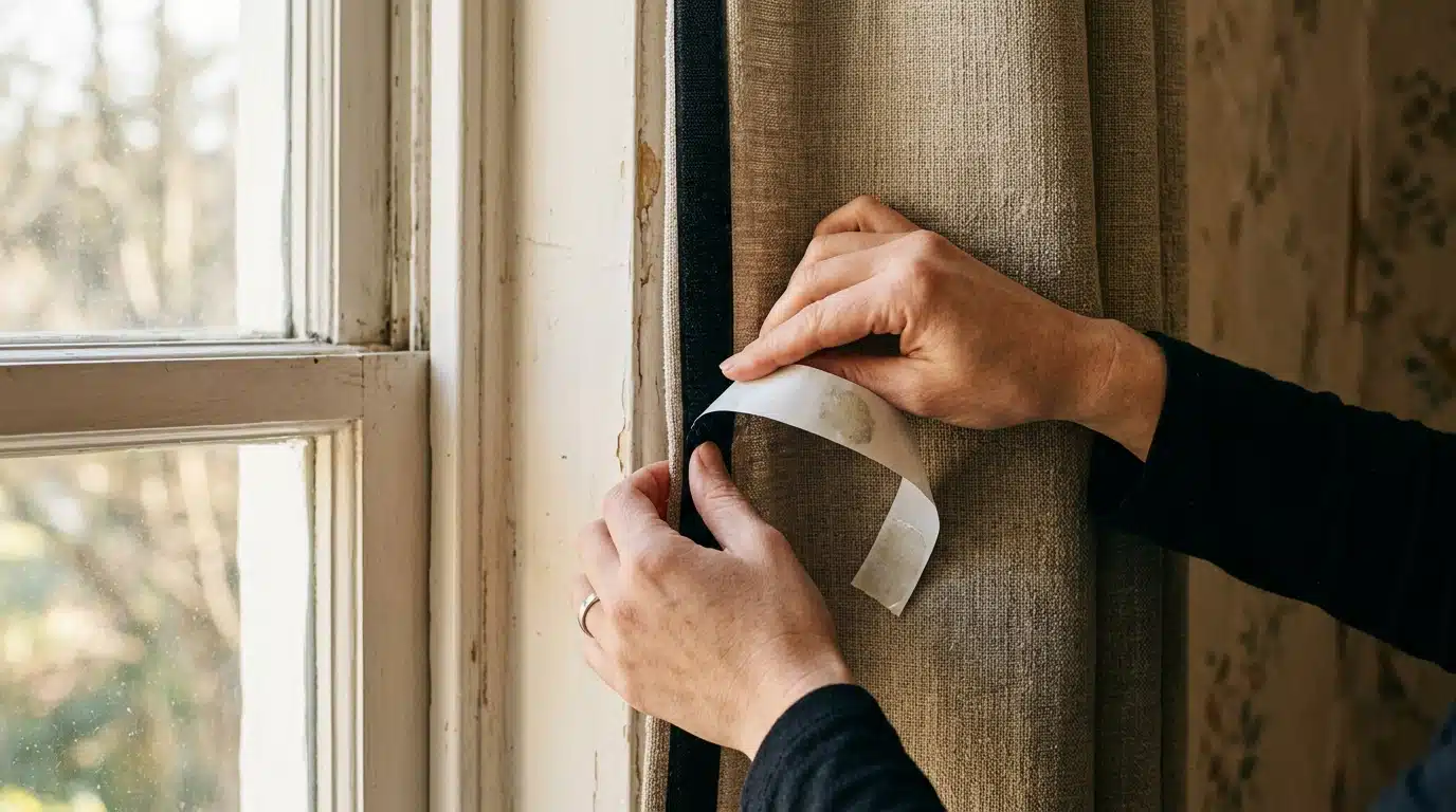 Main fixant une bande Velcro sur un rideau